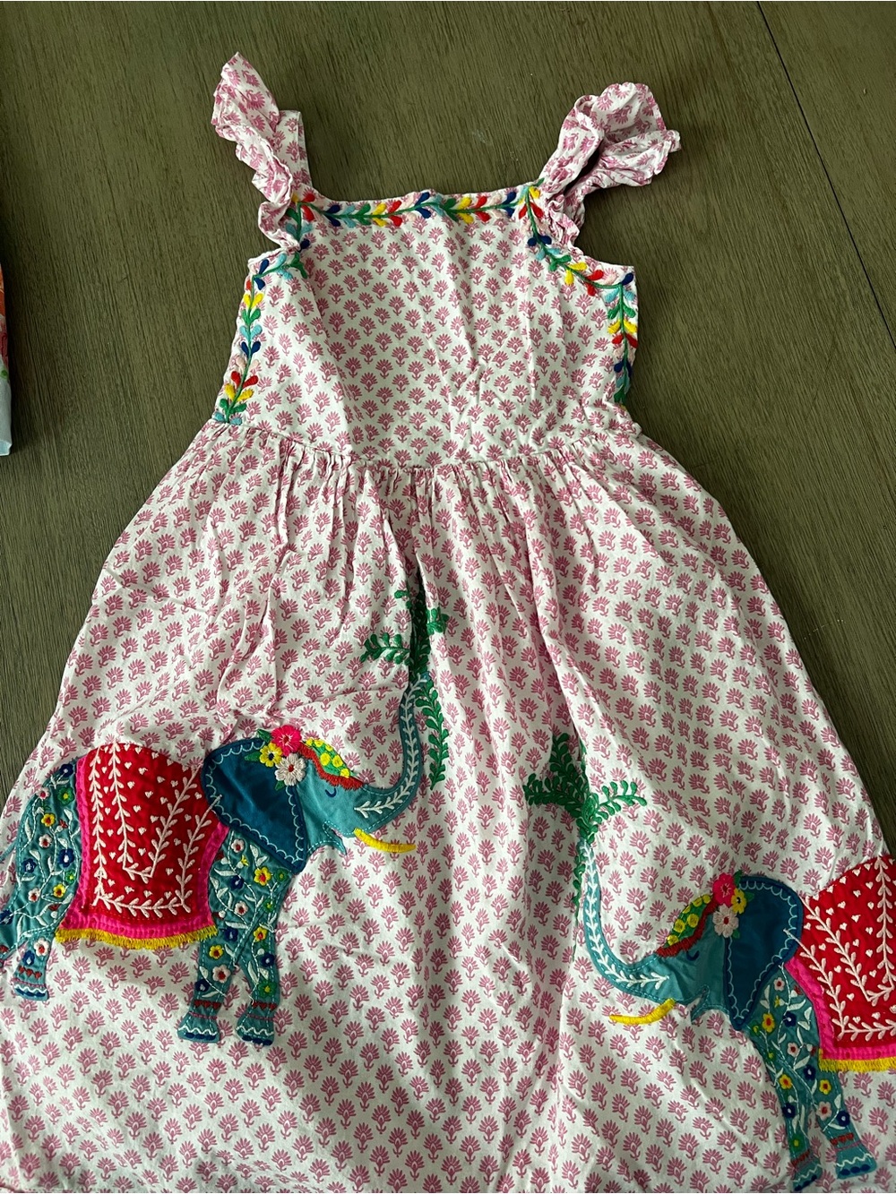Mini Boden Pink Cotton Dress with Colorful Embroidered Elephants